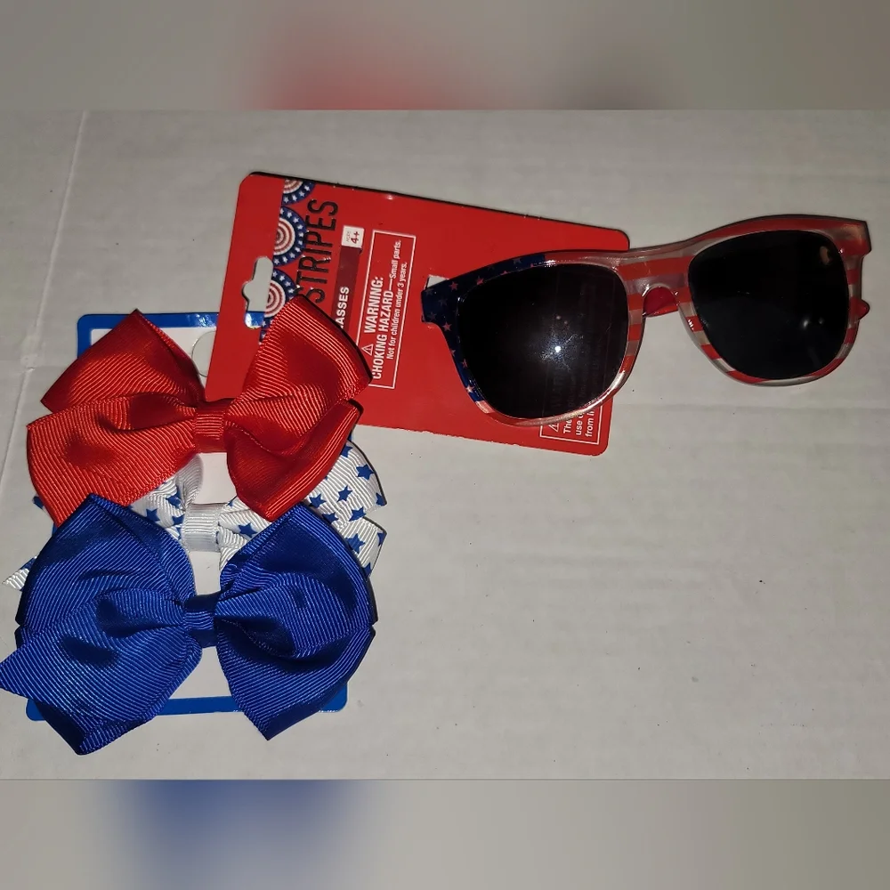 Patriotic Sunglasses Hair Bow clips Set mommy and me set red white blue stars